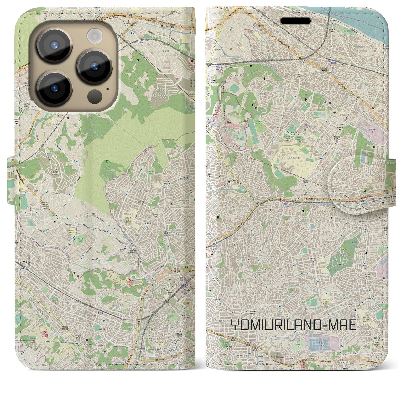 【読売ランド前】地図柄iPhoneケース（手帳両面タイプ・ナチュラル）iPhone 14 Pro Max 用