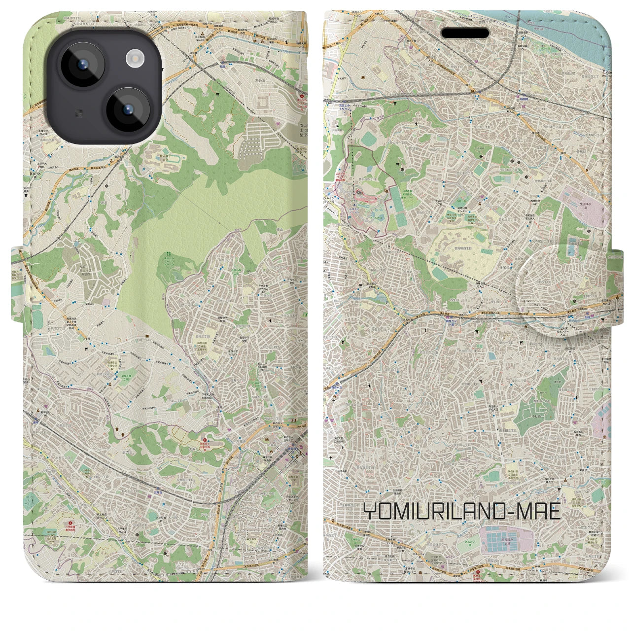 【読売ランド前】地図柄iPhoneケース（手帳両面タイプ・ナチュラル）iPhone 14 Plus 用