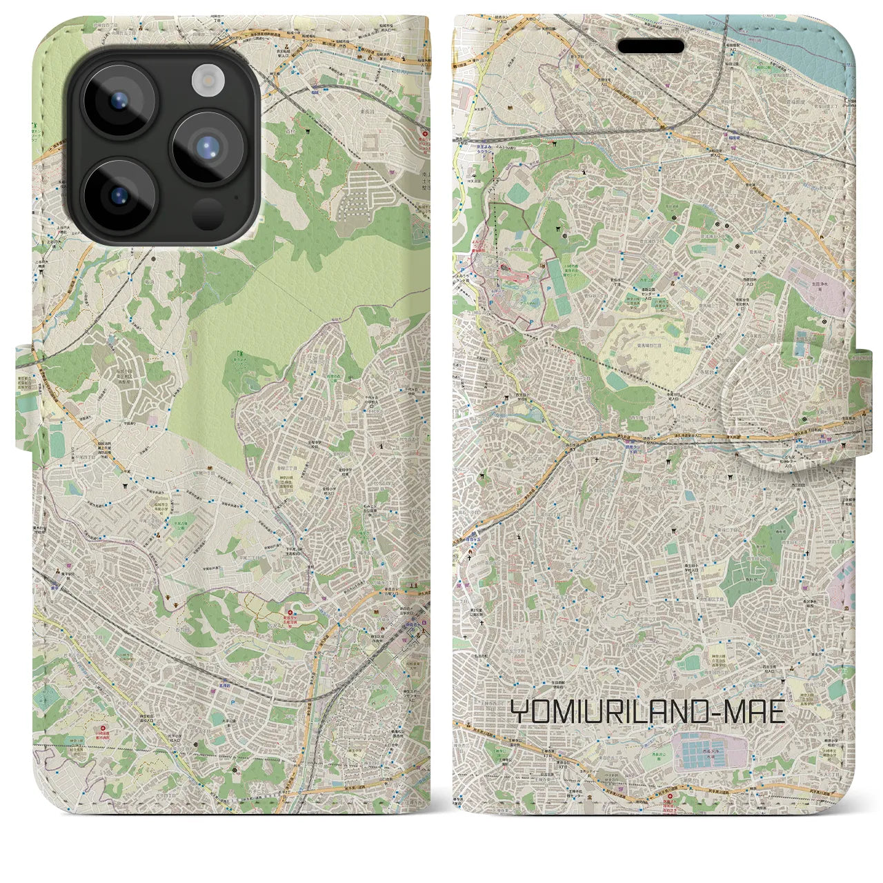 【読売ランド前】地図柄iPhoneケース（手帳両面タイプ・ナチュラル）iPhone 15 Pro Max 用