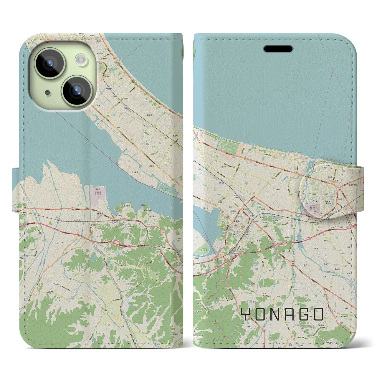 【米子】地図柄iPhoneケース（手帳両面タイプ・ナチュラル）iPhone 15 用