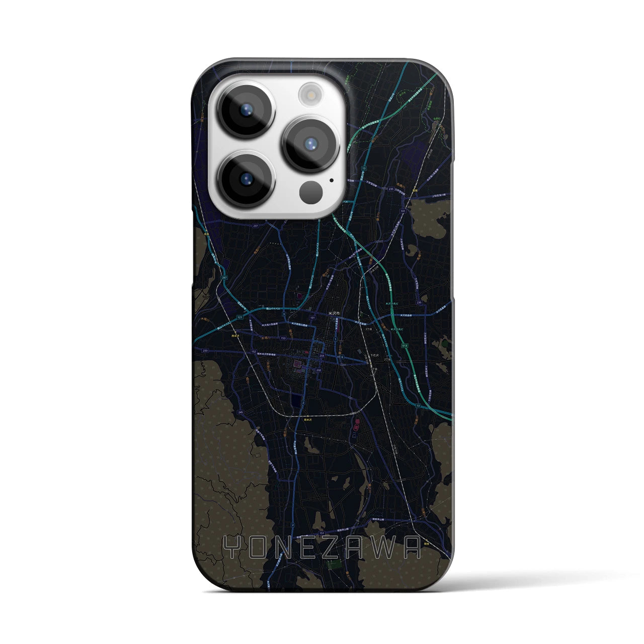 【米沢】地図柄iPhoneケース（バックカバータイプ・ブラック）iPhone 14 Pro 用