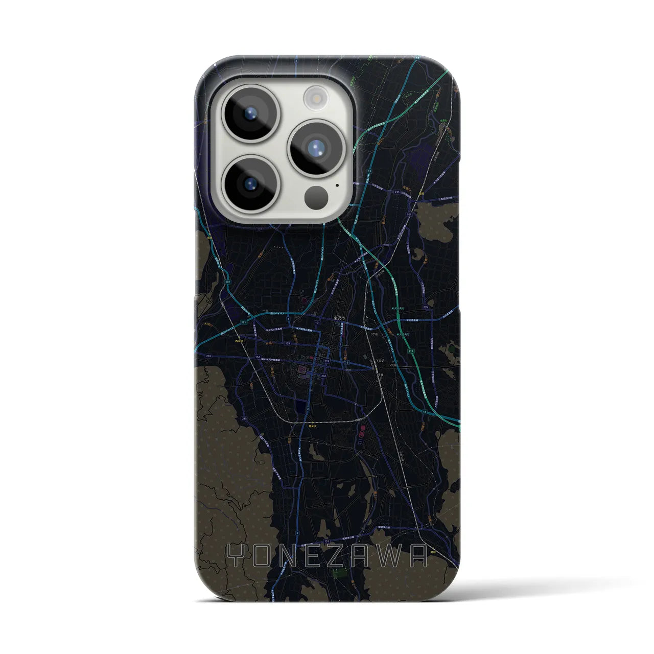 【米沢】地図柄iPhoneケース（バックカバータイプ・ブラック）iPhone 15 Pro 用