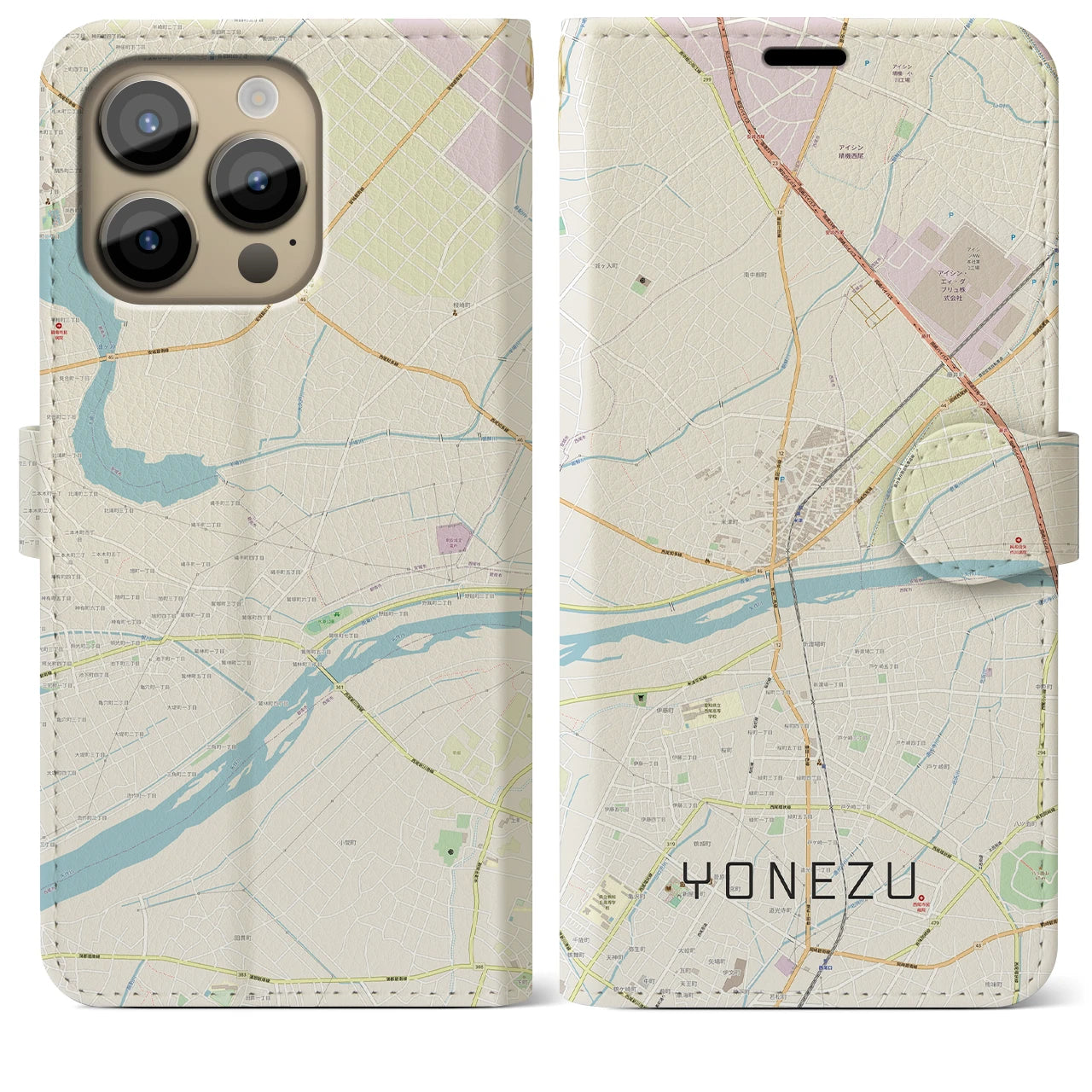 【米津】地図柄iPhoneケース（手帳両面タイプ・ナチュラル）iPhone 14 Pro Max 用