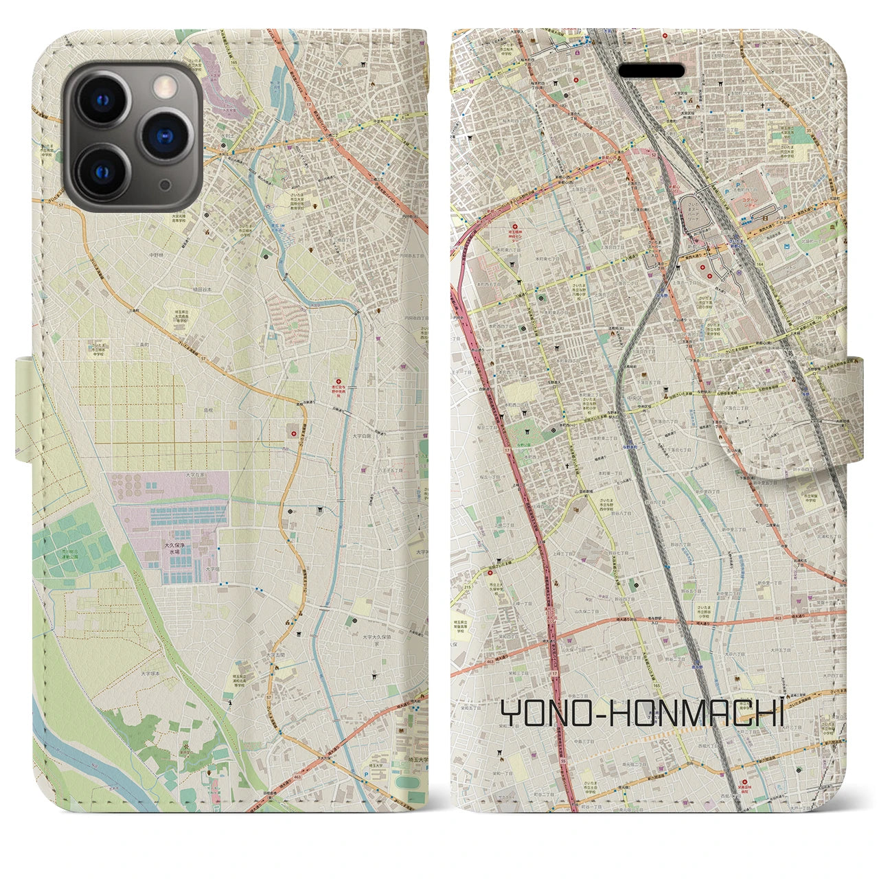 【与野本町】地図柄iPhoneケース（手帳両面タイプ・ナチュラル）iPhone 11 Pro Max 用