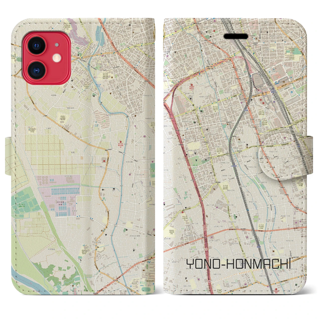 【与野本町】地図柄iPhoneケース（手帳両面タイプ・ナチュラル）iPhone 11 用