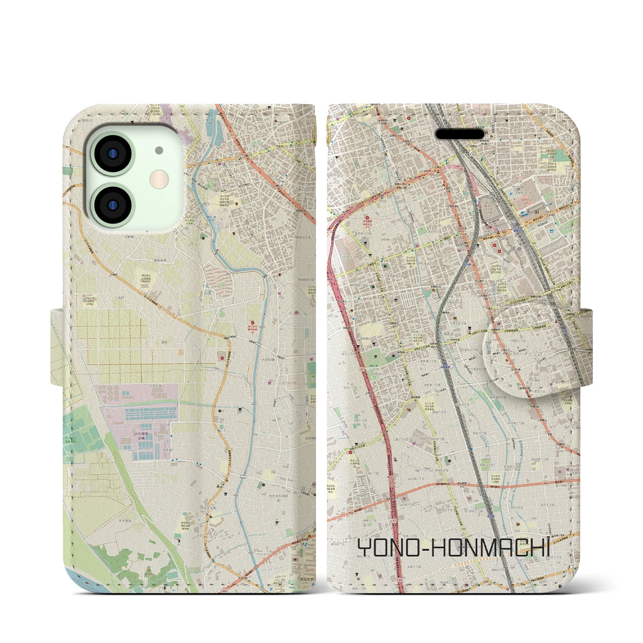 【与野本町】地図柄iPhoneケース（手帳両面タイプ・ナチュラル）iPhone 12 mini 用