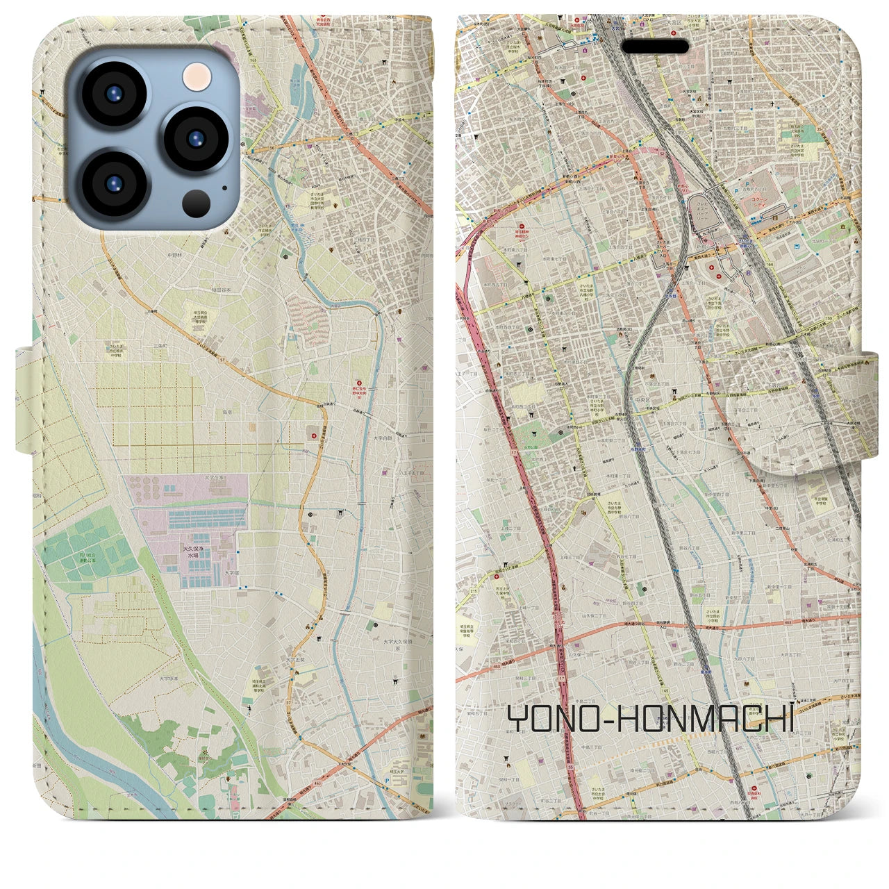 【与野本町】地図柄iPhoneケース（手帳両面タイプ・ナチュラル）iPhone 13 Pro Max 用
