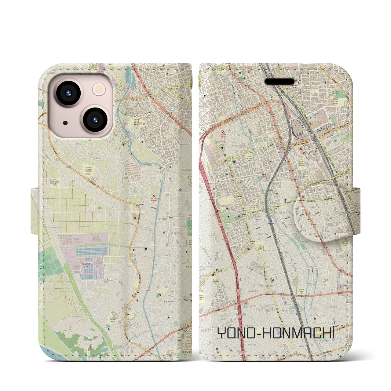 【与野本町】地図柄iPhoneケース（手帳両面タイプ・ナチュラル）iPhone 13 mini 用