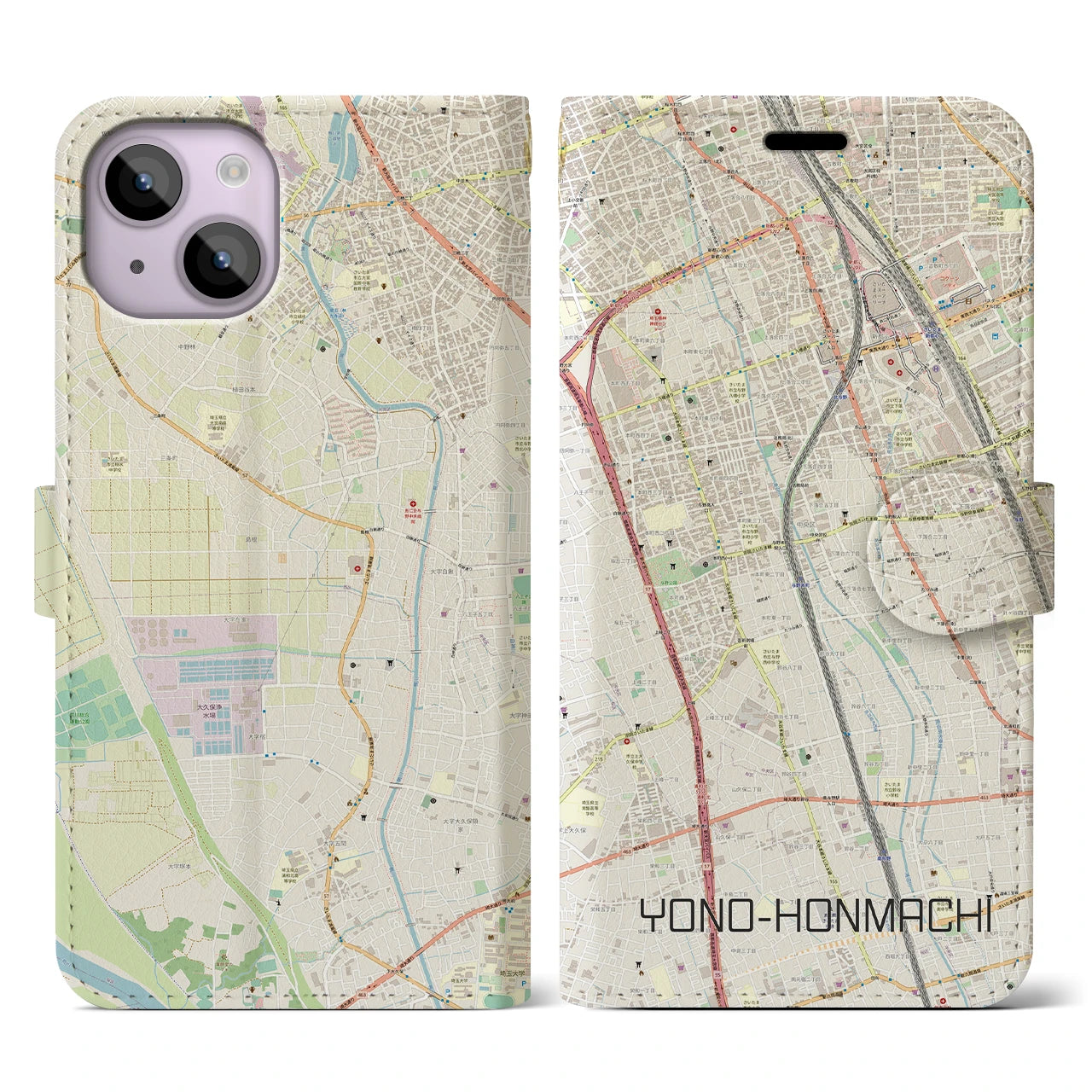 【与野本町】地図柄iPhoneケース（手帳両面タイプ・ナチュラル）iPhone 14 用
