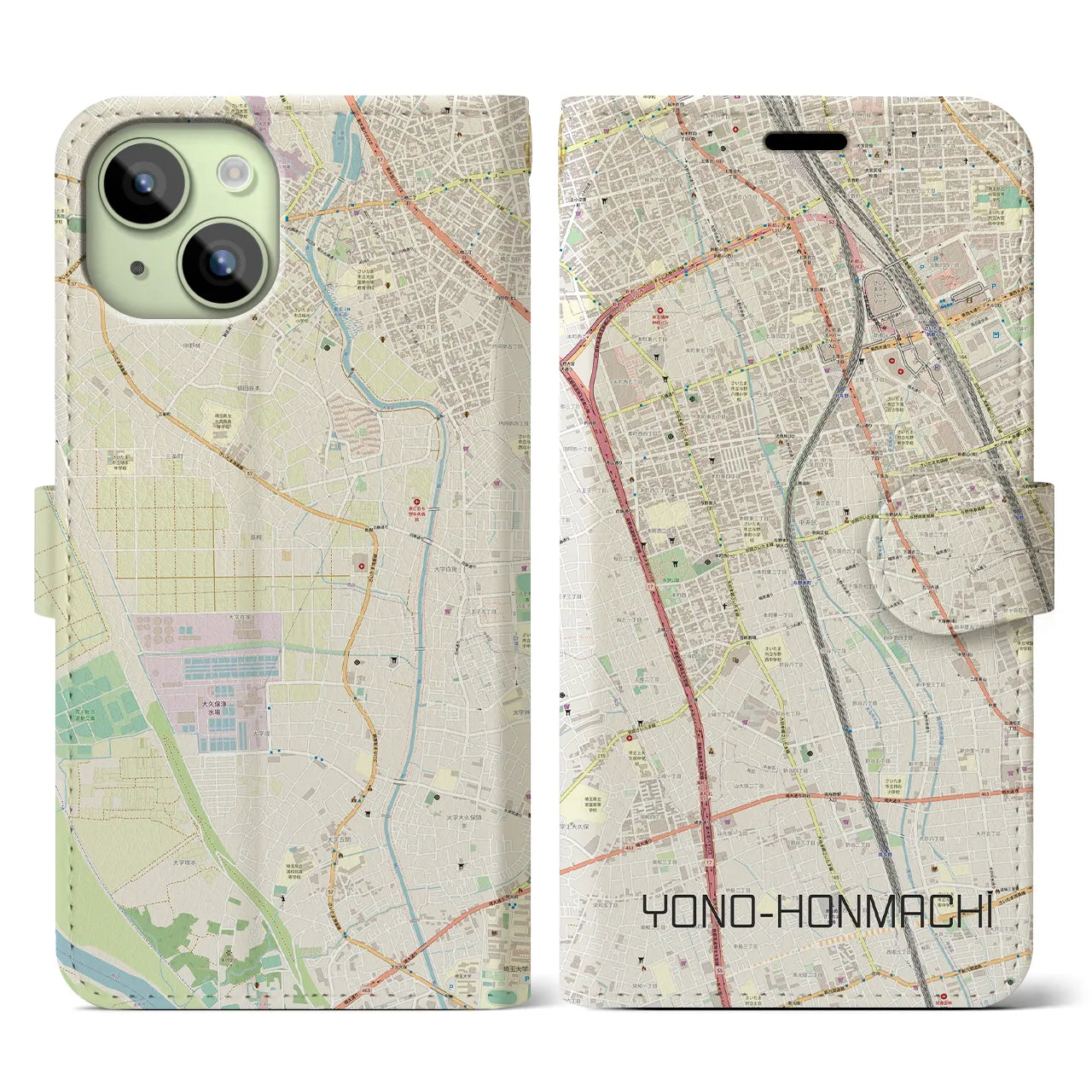 【与野本町】地図柄iPhoneケース（手帳両面タイプ・ナチュラル）iPhone 15 用
