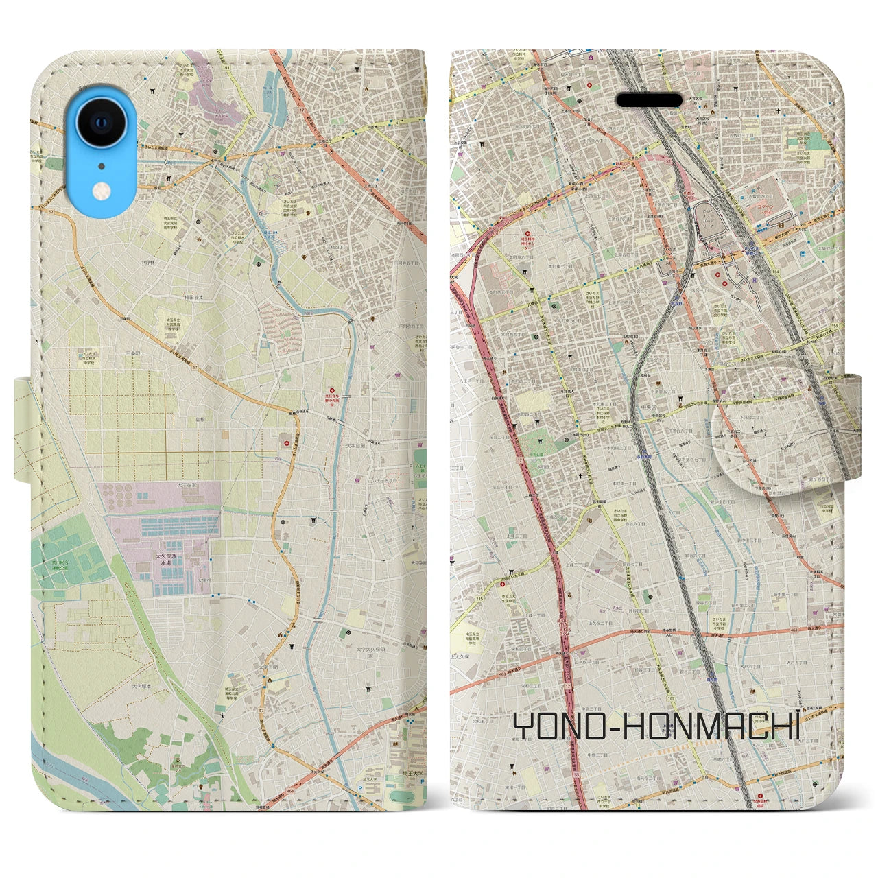 【与野本町】地図柄iPhoneケース（手帳両面タイプ・ナチュラル）iPhone XR 用