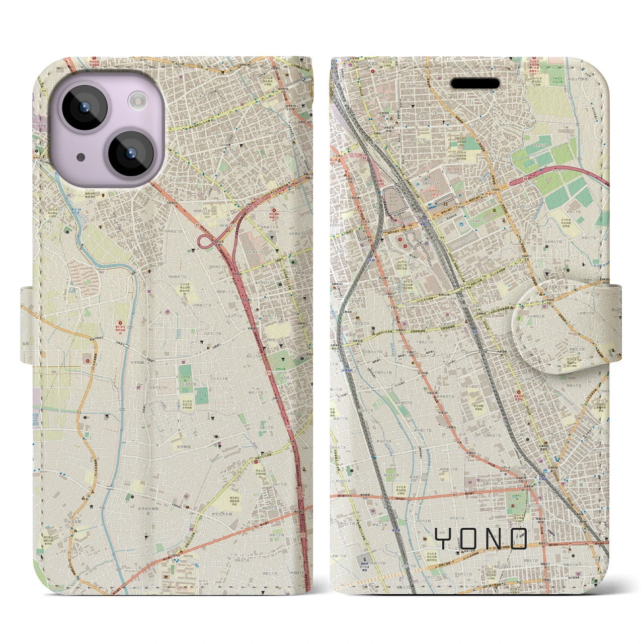 【与野】地図柄iPhoneケース（手帳両面タイプ・ナチュラル）iPhone 14 用