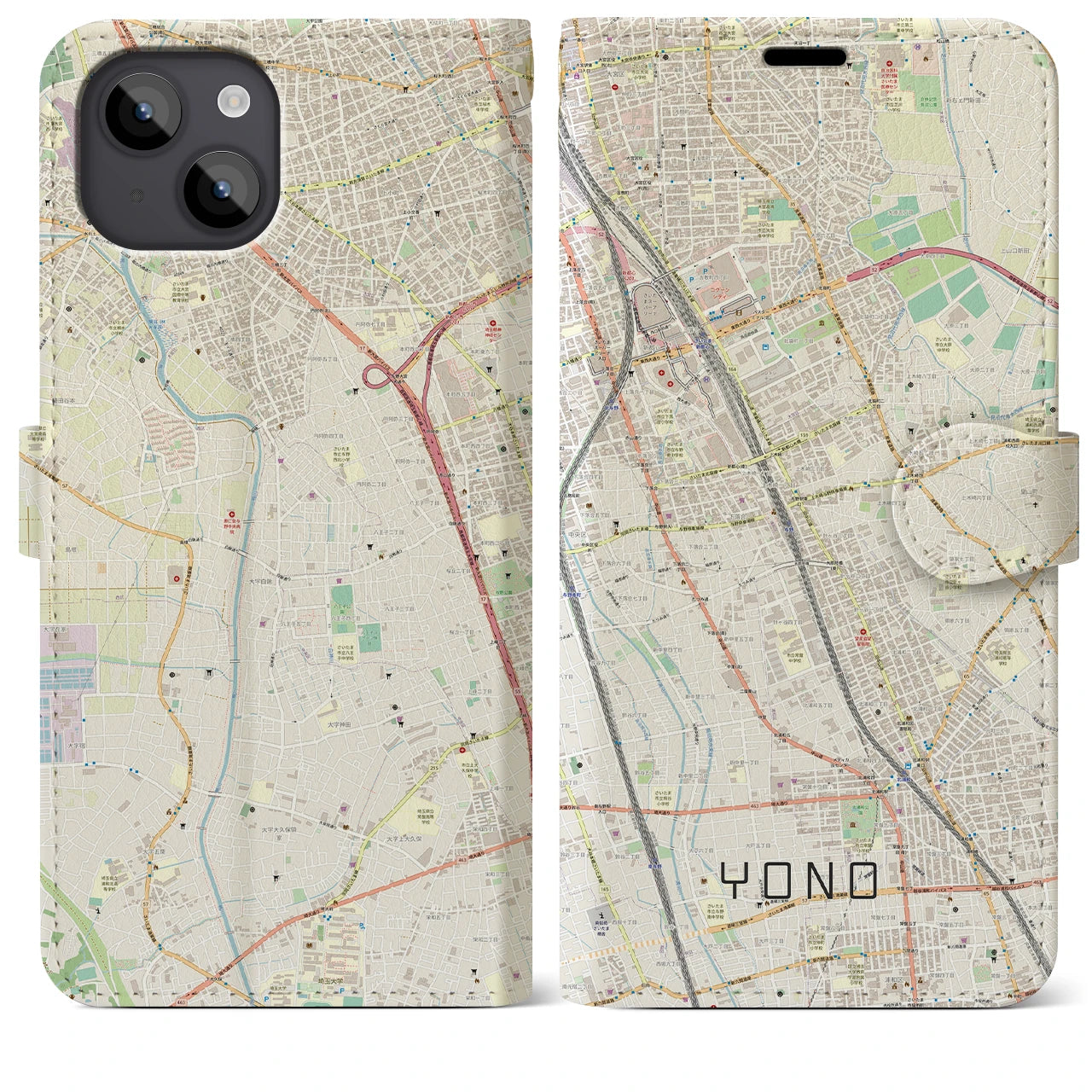 【与野】地図柄iPhoneケース（手帳両面タイプ・ナチュラル）iPhone 14 Plus 用