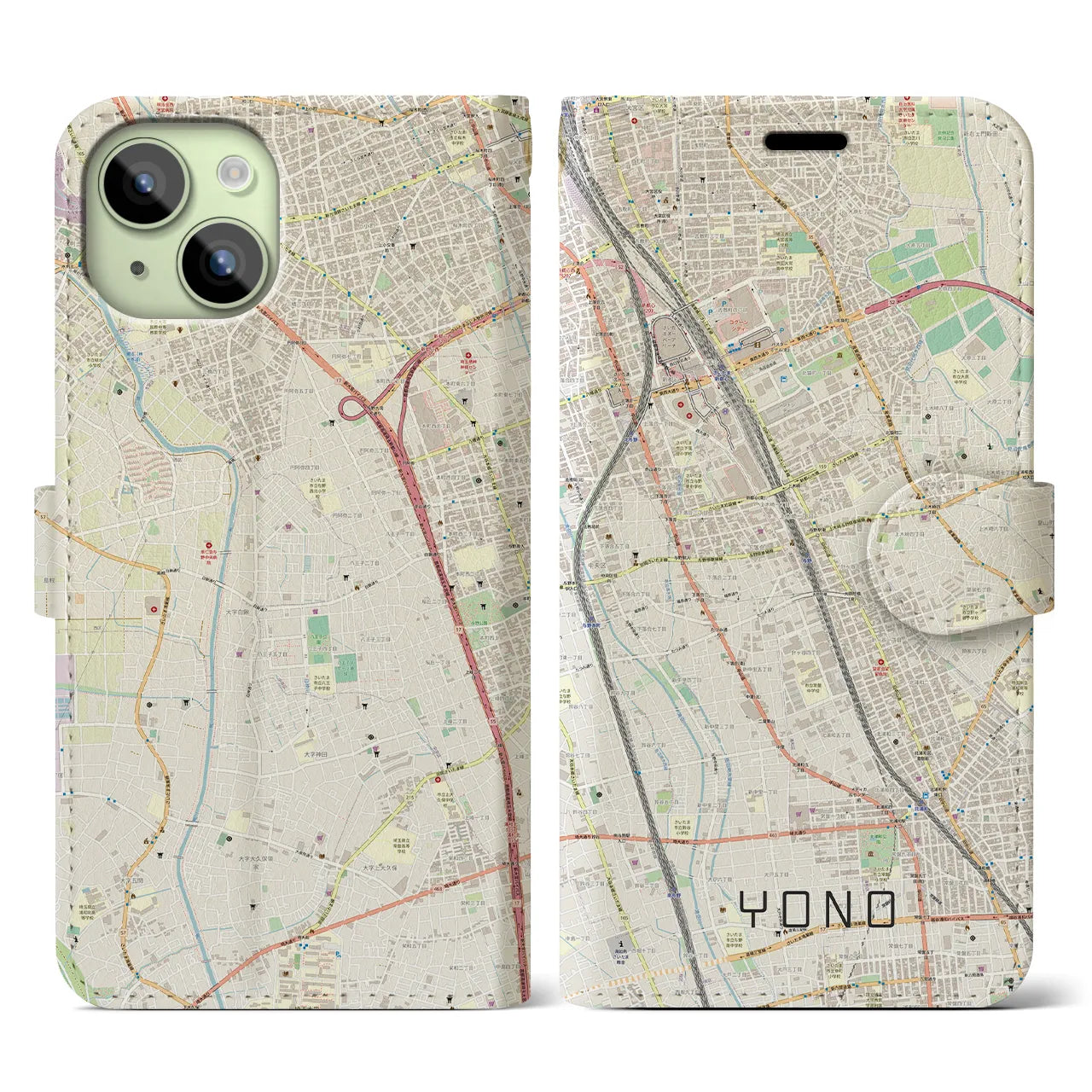 【与野】地図柄iPhoneケース（手帳両面タイプ・ナチュラル）iPhone 15 用