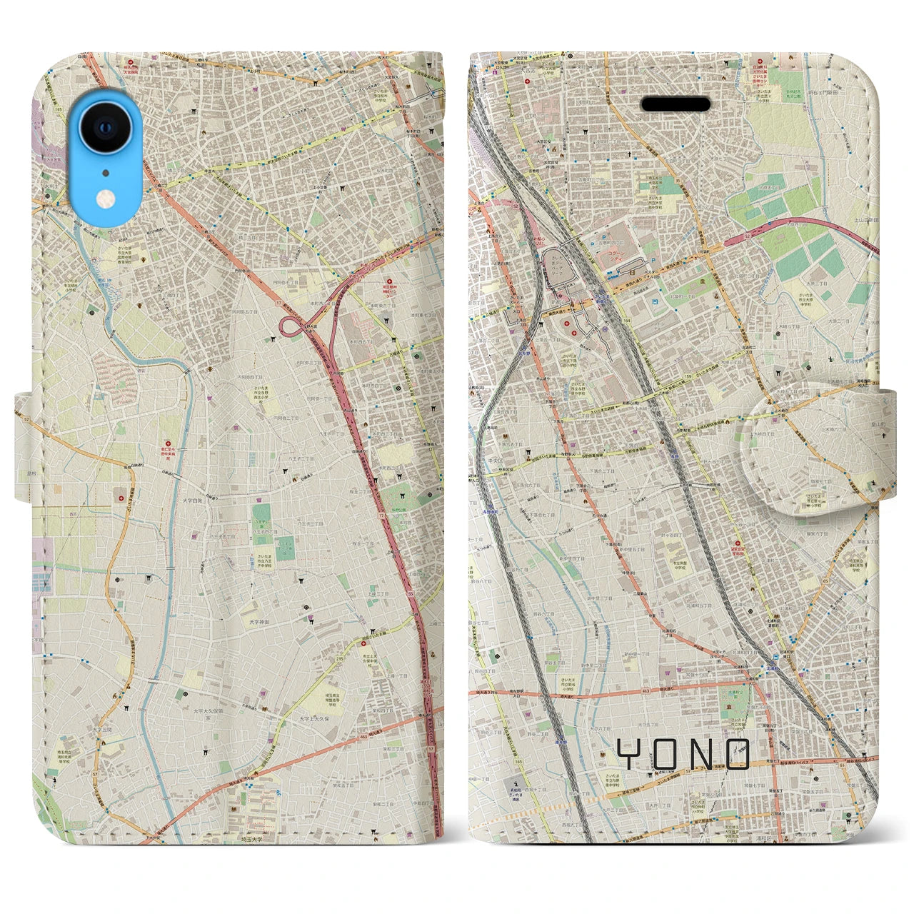 【与野】地図柄iPhoneケース（手帳両面タイプ・ナチュラル）iPhone XR 用