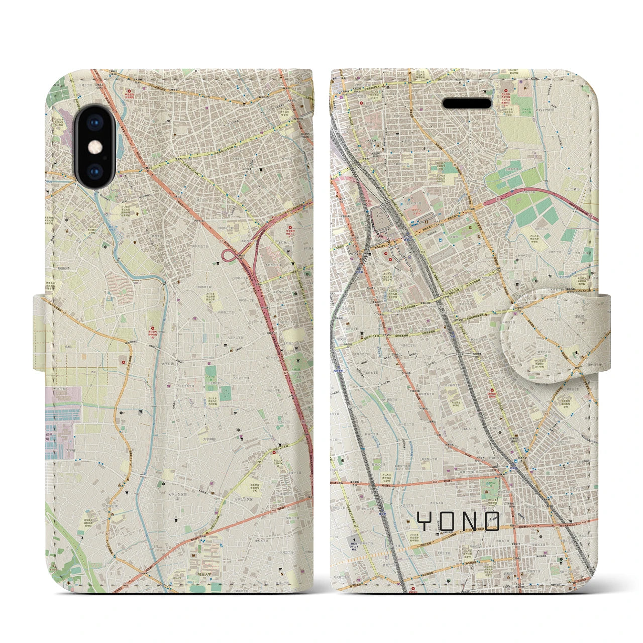 【与野】地図柄iPhoneケース（手帳両面タイプ・ナチュラル）iPhone XS / X 用