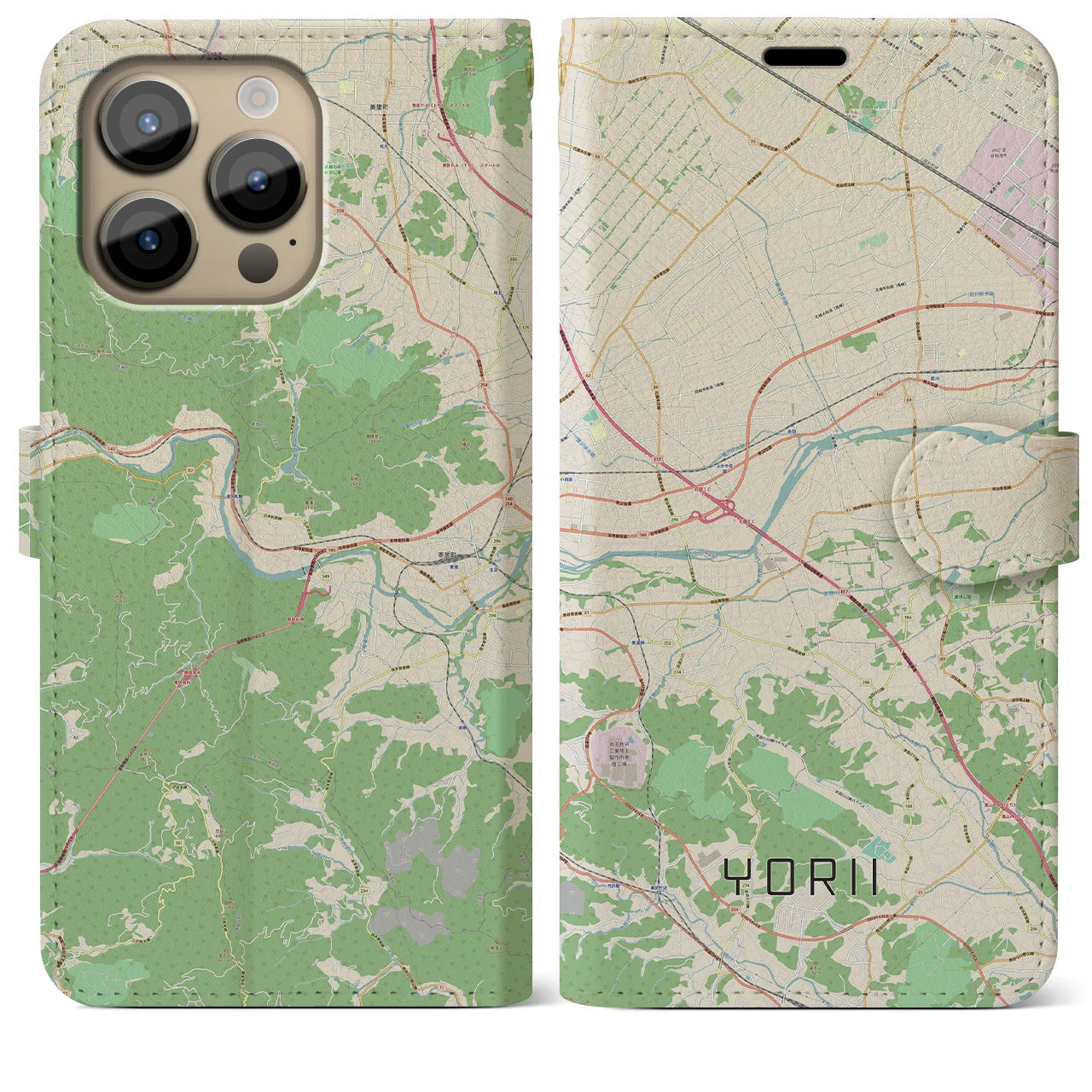 【寄居】地図柄iPhoneケース（手帳両面タイプ・ナチュラル）iPhone 14 Pro Max 用
