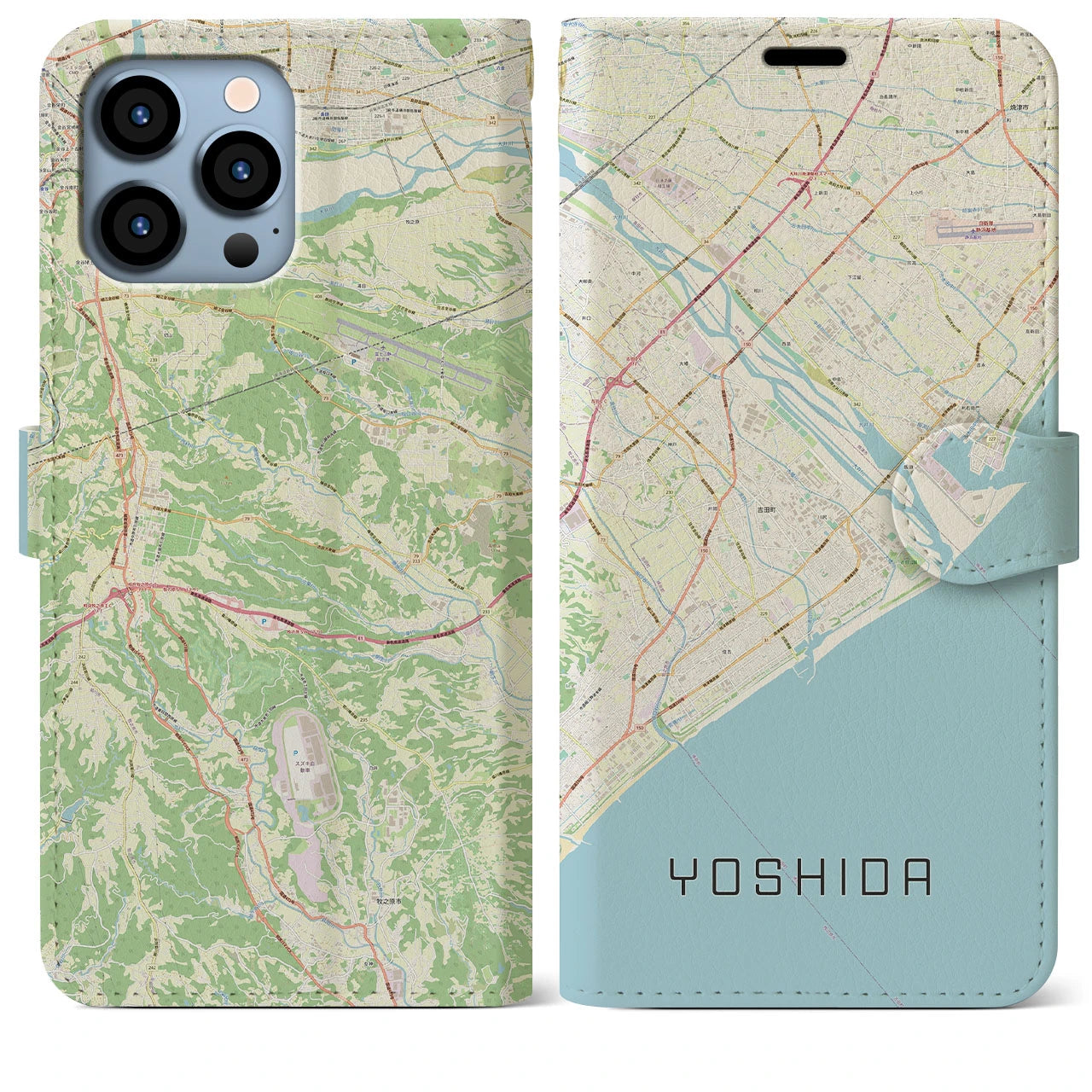【吉田】地図柄iPhoneケース（手帳両面タイプ・ナチュラル）iPhone 13 Pro Max 用