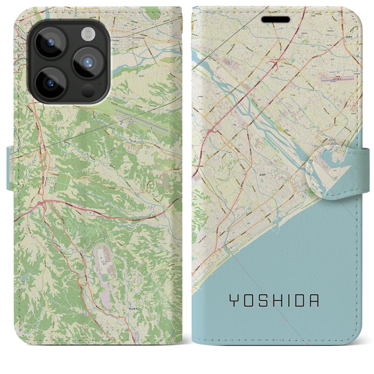 【吉田】地図柄iPhoneケース（手帳両面タイプ・ナチュラル）iPhone 15 Pro Max 用