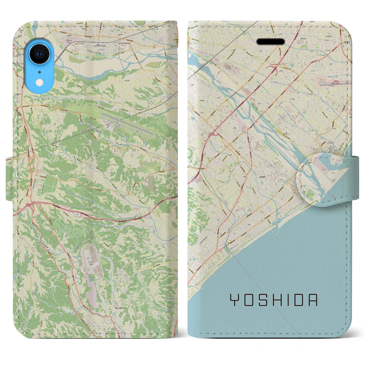 【吉田】地図柄iPhoneケース（手帳両面タイプ・ナチュラル）iPhone XR 用