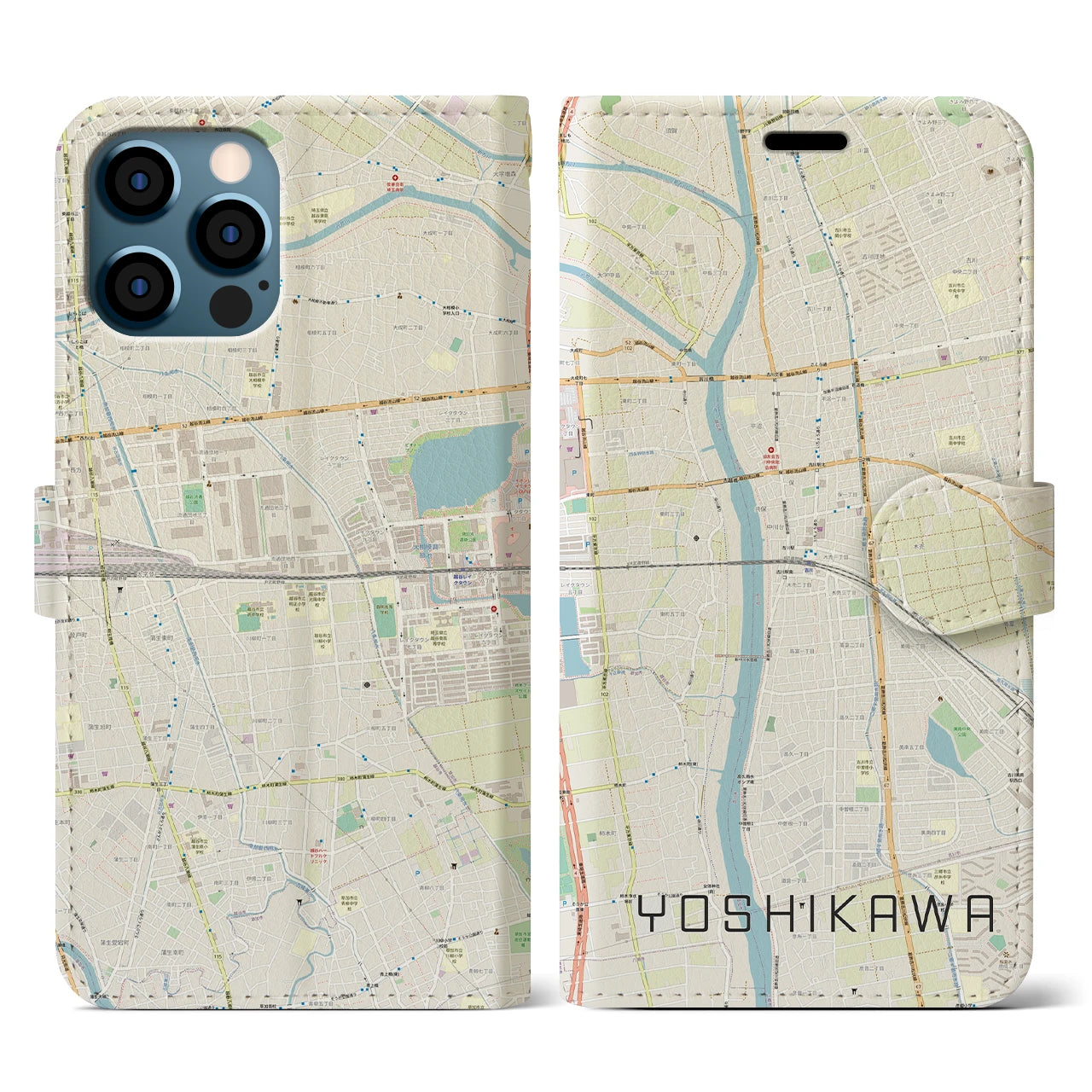 【吉川】地図柄iPhoneケース（手帳両面タイプ・ナチュラル）iPhone 12 / 12 Pro 用