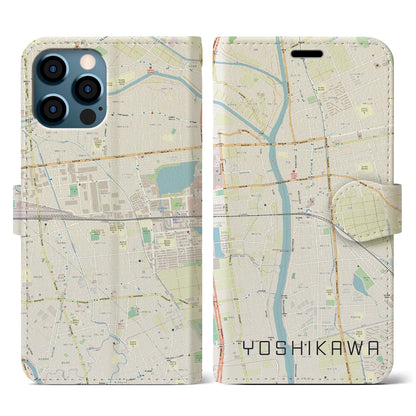 【吉川（埼玉県）】地図柄iPhoneケース（手帳タイプ）ナチュラル・iPhone 12 / 12 Pro 用