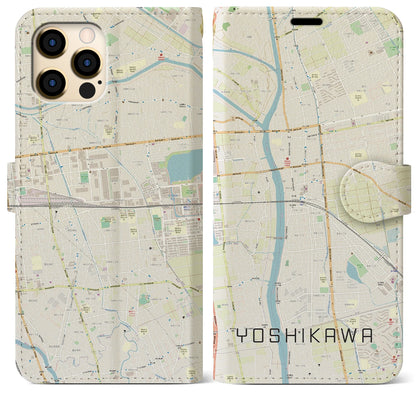 【吉川（埼玉県）】地図柄iPhoneケース（手帳タイプ）ナチュラル・iPhone 12 Pro Max 用