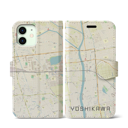 【吉川（埼玉県）】地図柄iPhoneケース（手帳タイプ）ナチュラル・iPhone 12 mini 用