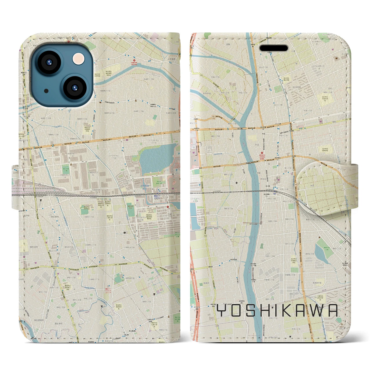 【吉川】地図柄iPhoneケース（手帳両面タイプ・ナチュラル）iPhone 13 用