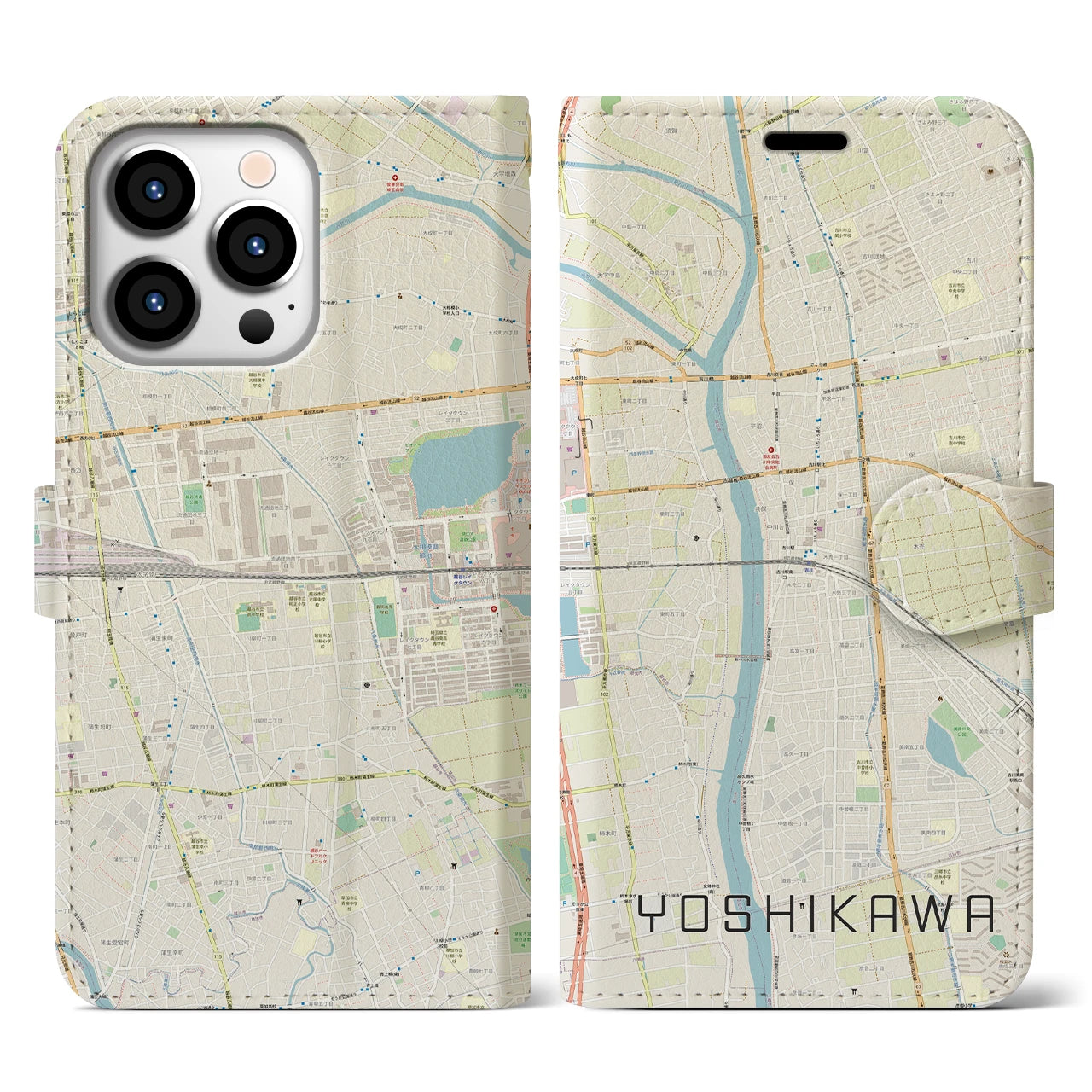 【吉川】地図柄iPhoneケース（手帳両面タイプ・ナチュラル）iPhone 13 Pro 用