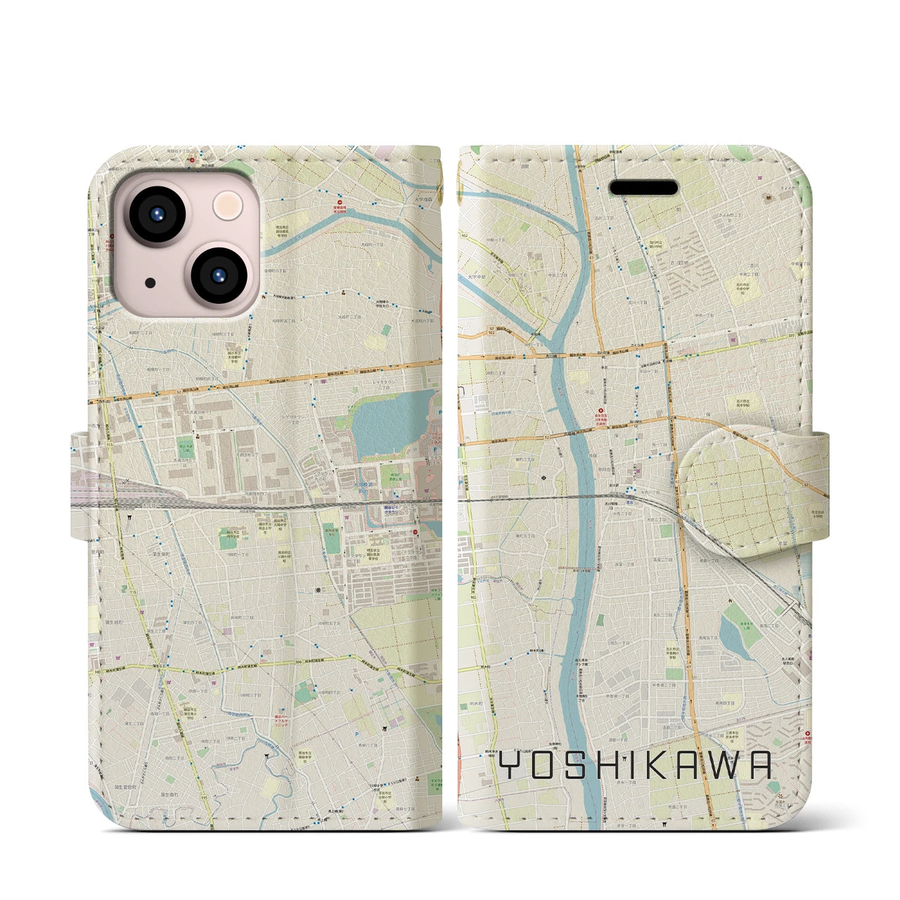 【吉川】地図柄iPhoneケース（手帳両面タイプ・ナチュラル）iPhone 13 mini 用