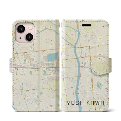 【吉川（埼玉県）】地図柄iPhoneケース（手帳タイプ）ナチュラル・iPhone 13 mini 用