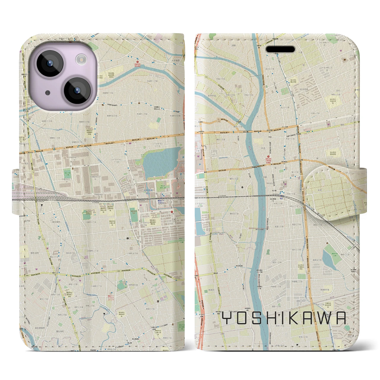 【吉川】地図柄iPhoneケース（手帳両面タイプ・ナチュラル）iPhone 14 用