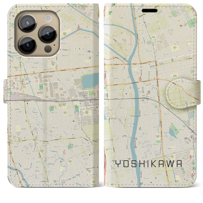 【吉川（埼玉県）】地図柄iPhoneケース（手帳タイプ）ナチュラル・iPhone 14 Pro Max 用