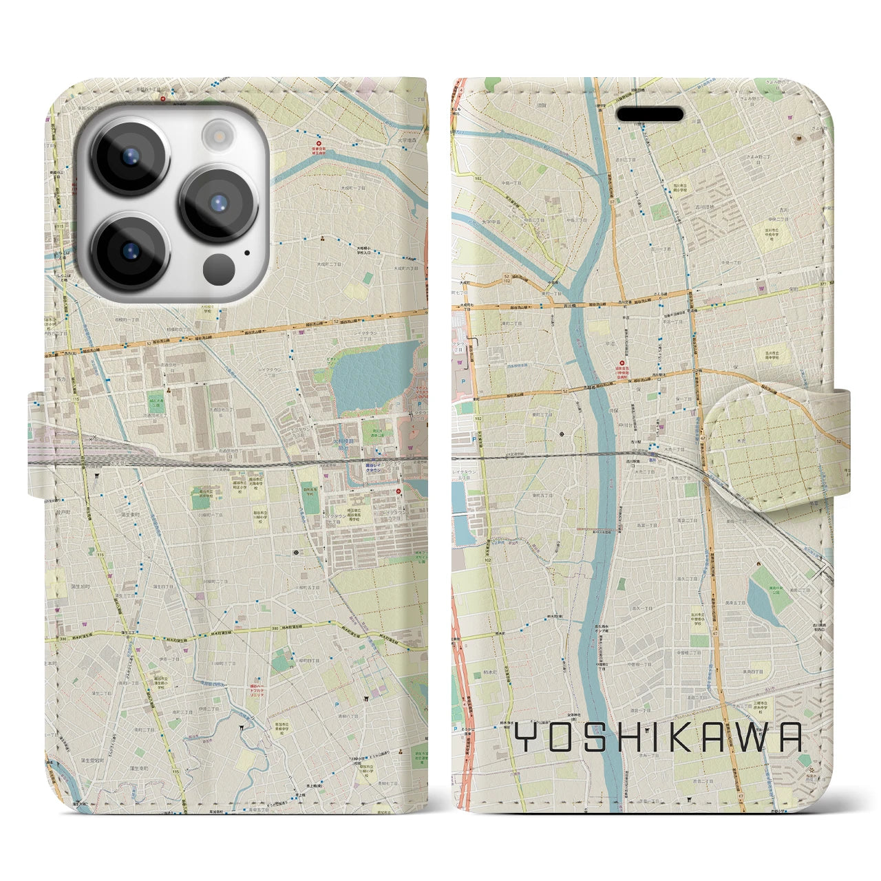 【吉川】地図柄iPhoneケース（手帳両面タイプ・ナチュラル）iPhone 14 Pro 用