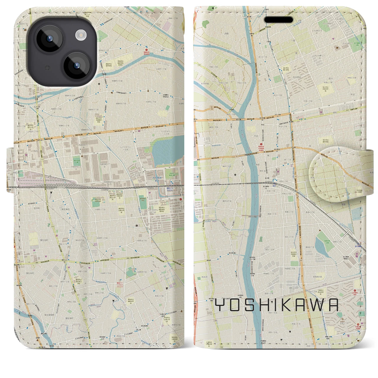 【吉川】地図柄iPhoneケース（手帳両面タイプ・ナチュラル）iPhone 14 Plus 用