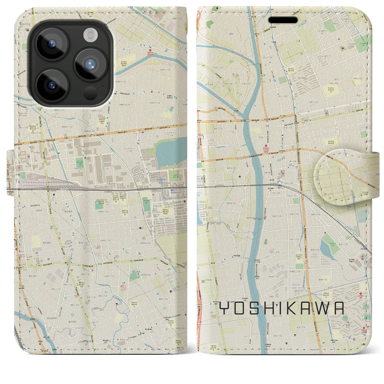 【吉川】地図柄iPhoneケース（手帳両面タイプ・ナチュラル）iPhone 15 Pro Max 用