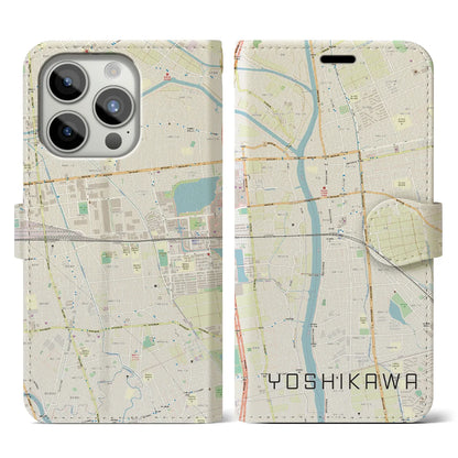 【吉川（埼玉県）】地図柄iPhoneケース（手帳タイプ）ナチュラル・iPhone 15 Pro 用