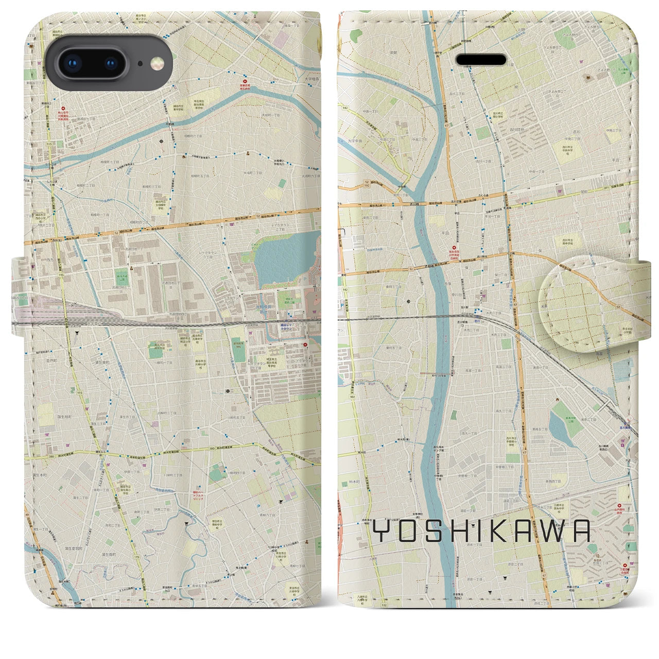 【吉川】地図柄iPhoneケース（手帳両面タイプ・ナチュラル）iPhone 8Plus /7Plus / 6sPlus / 6Plus 用