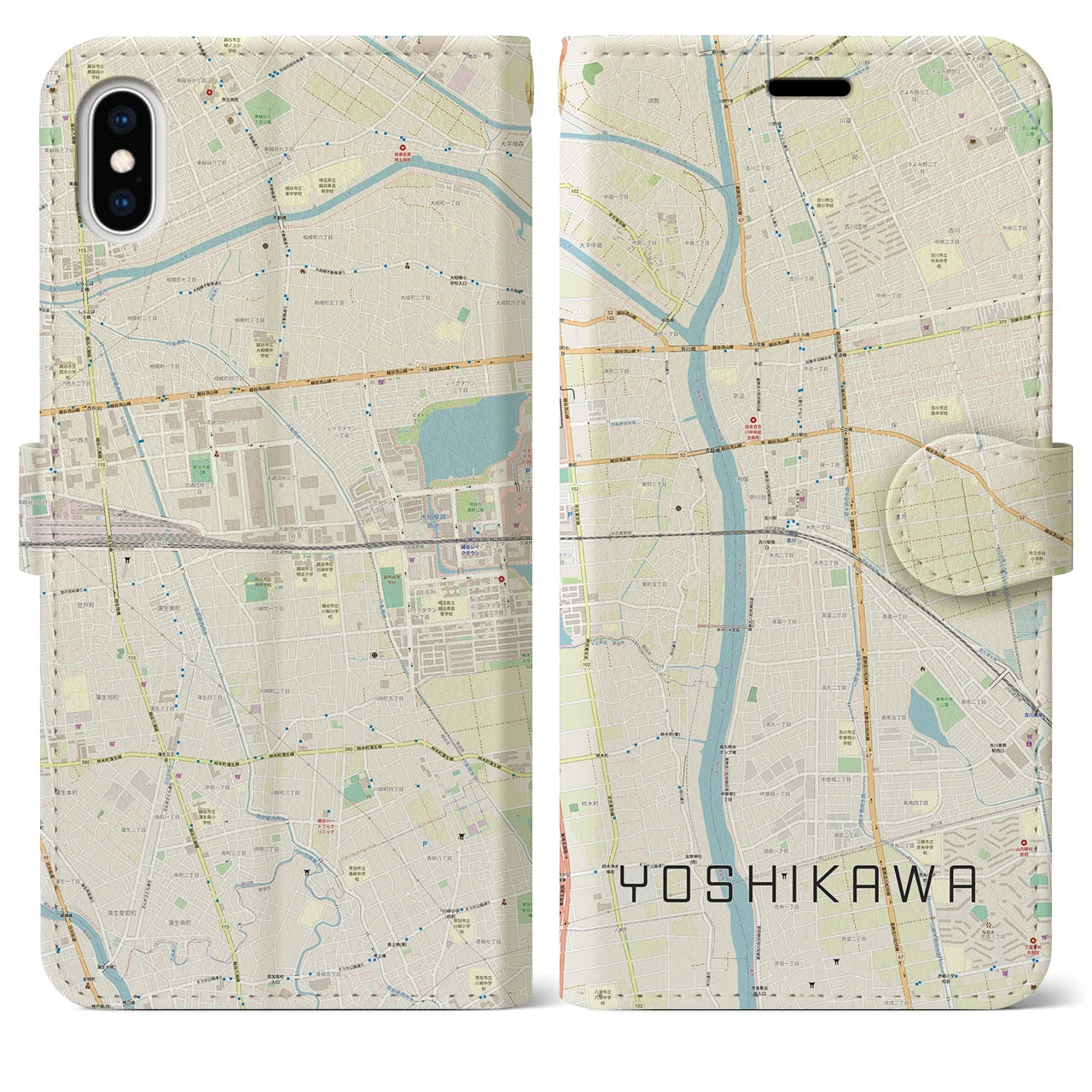 【吉川】地図柄iPhoneケース（手帳両面タイプ・ナチュラル）iPhone XS Max 用