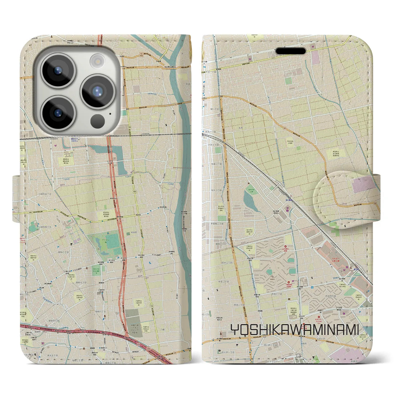 【吉川美南】地図柄iPhoneケース（手帳両面タイプ・ナチュラル）iPhone 15 Pro 用