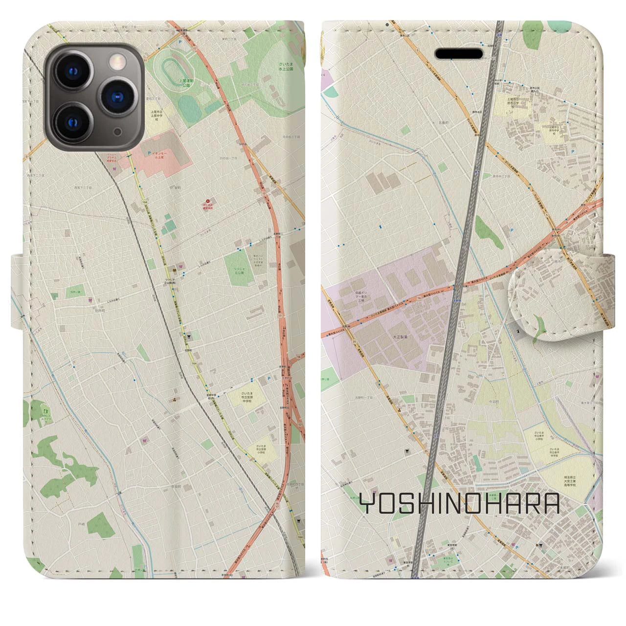 【吉野原】地図柄iPhoneケース（手帳両面タイプ・ナチュラル）iPhone 11 Pro Max 用