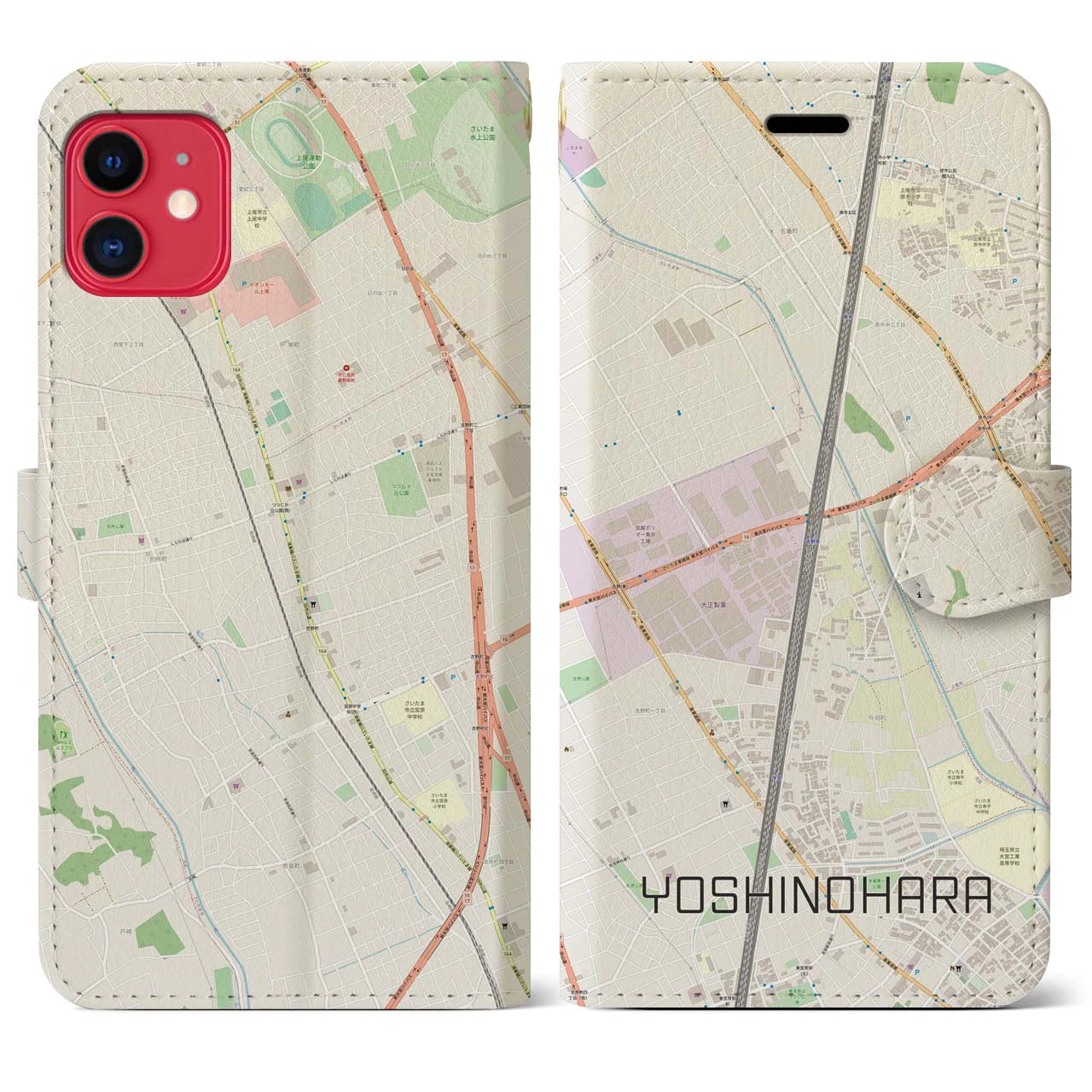 【吉野原】地図柄iPhoneケース（手帳両面タイプ・ナチュラル）iPhone 11 用