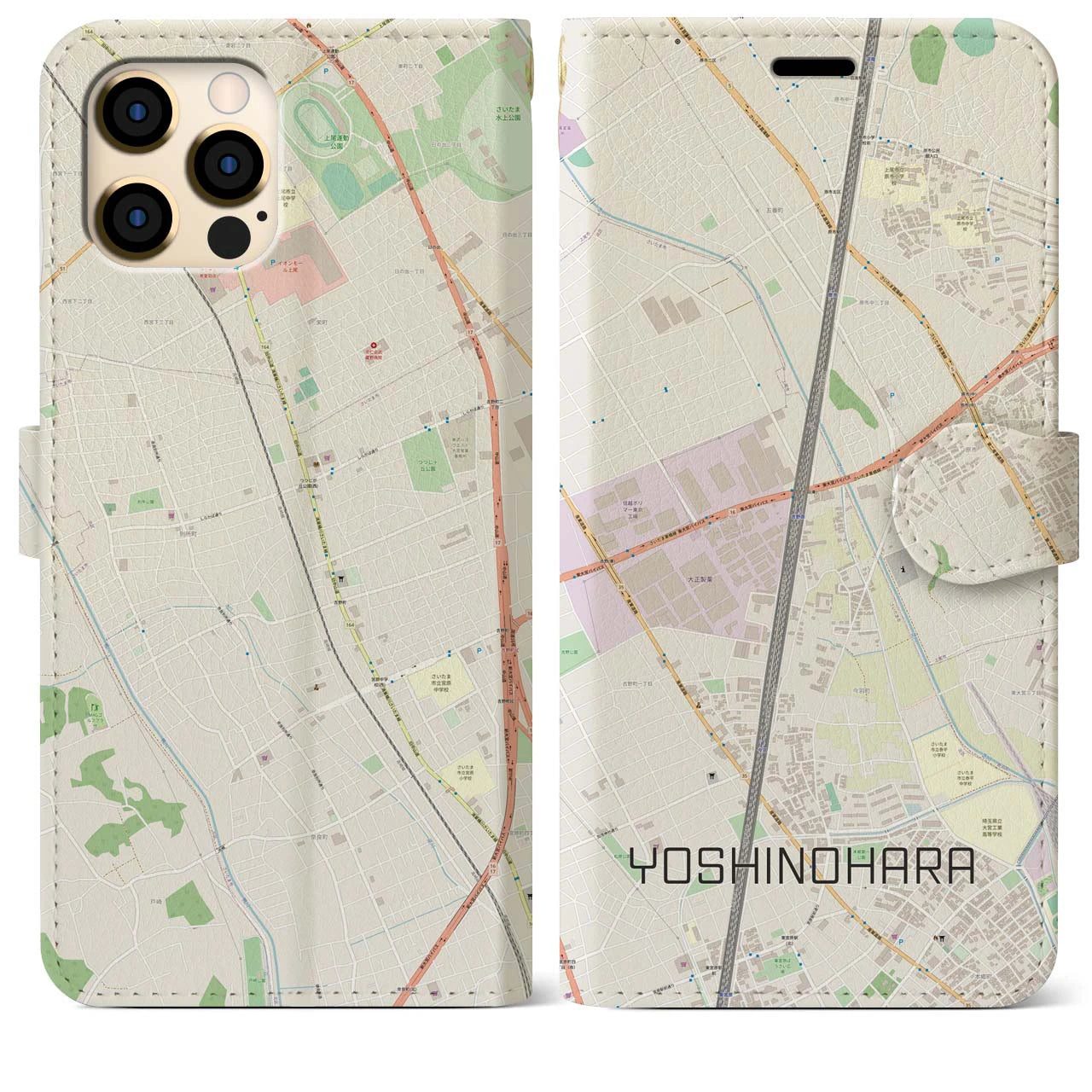 【吉野原】地図柄iPhoneケース（手帳両面タイプ・ナチュラル）iPhone 12 Pro Max 用