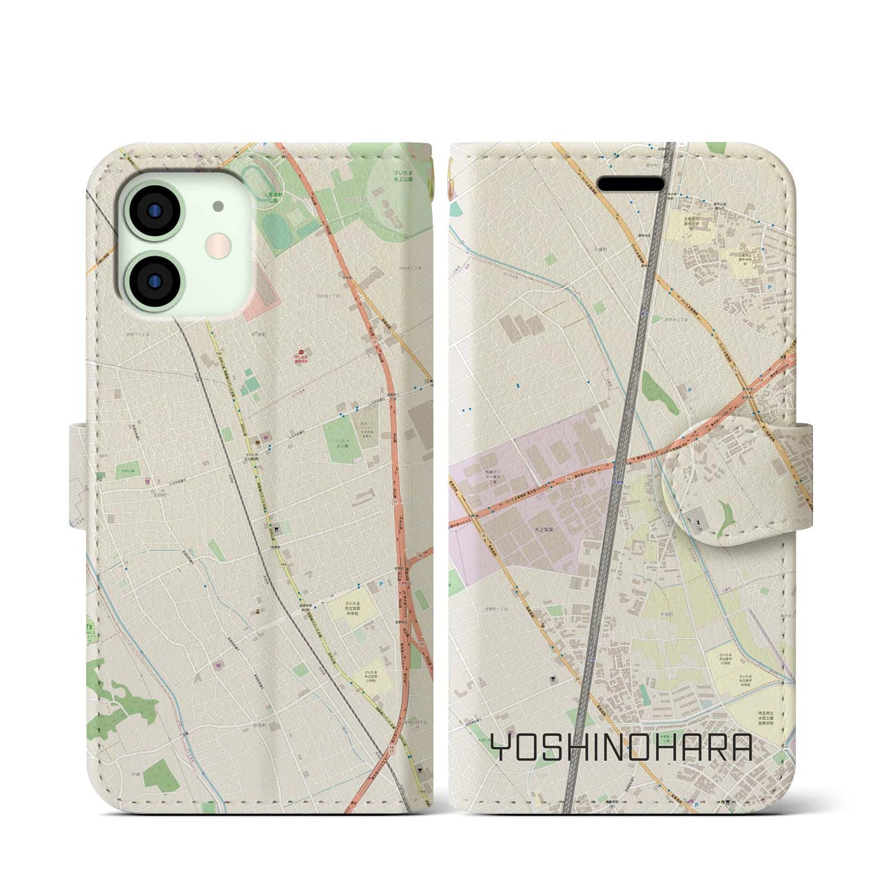 【吉野原】地図柄iPhoneケース（手帳両面タイプ・ナチュラル）iPhone 12 mini 用