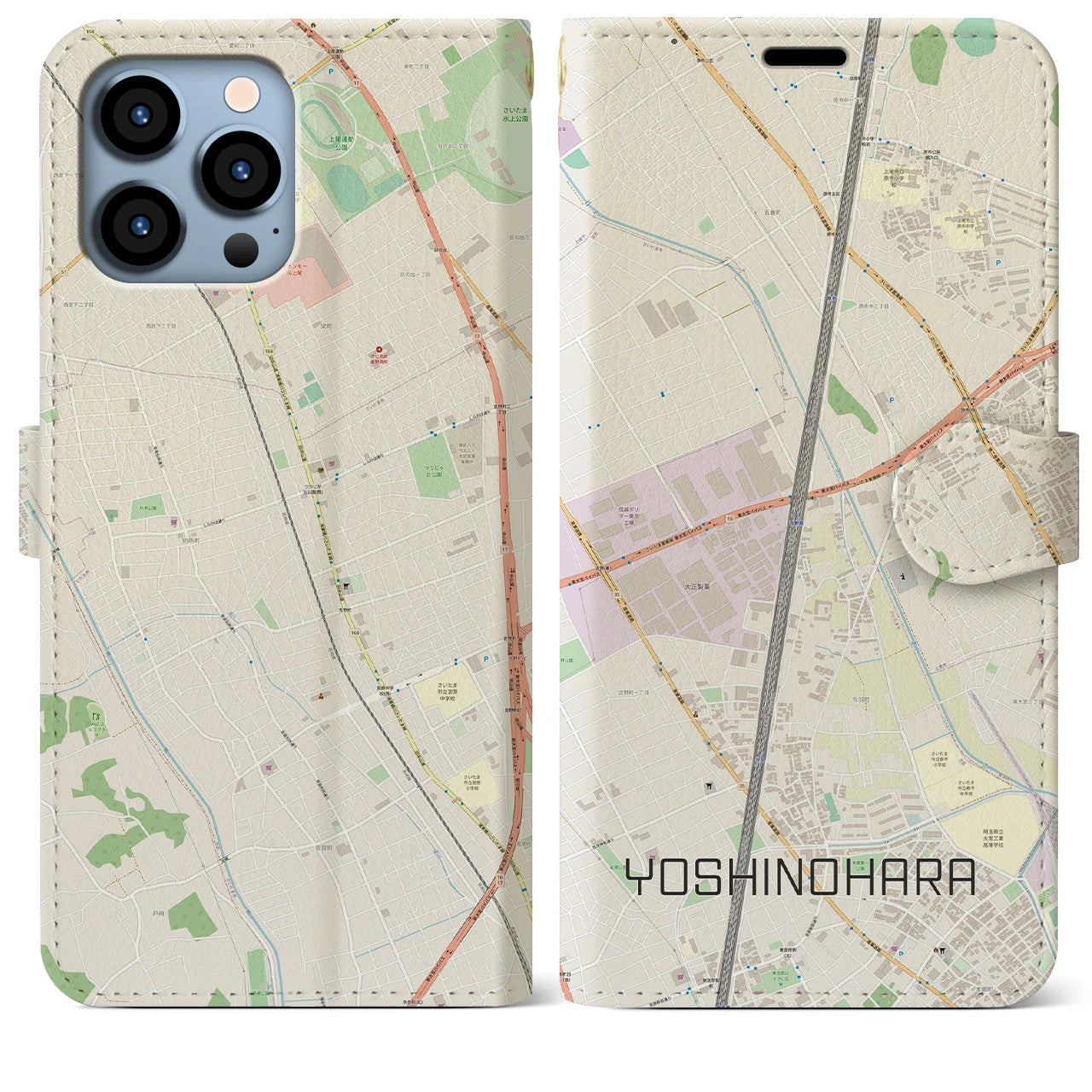 【吉野原】地図柄iPhoneケース（手帳両面タイプ・ナチュラル）iPhone 13 Pro Max 用