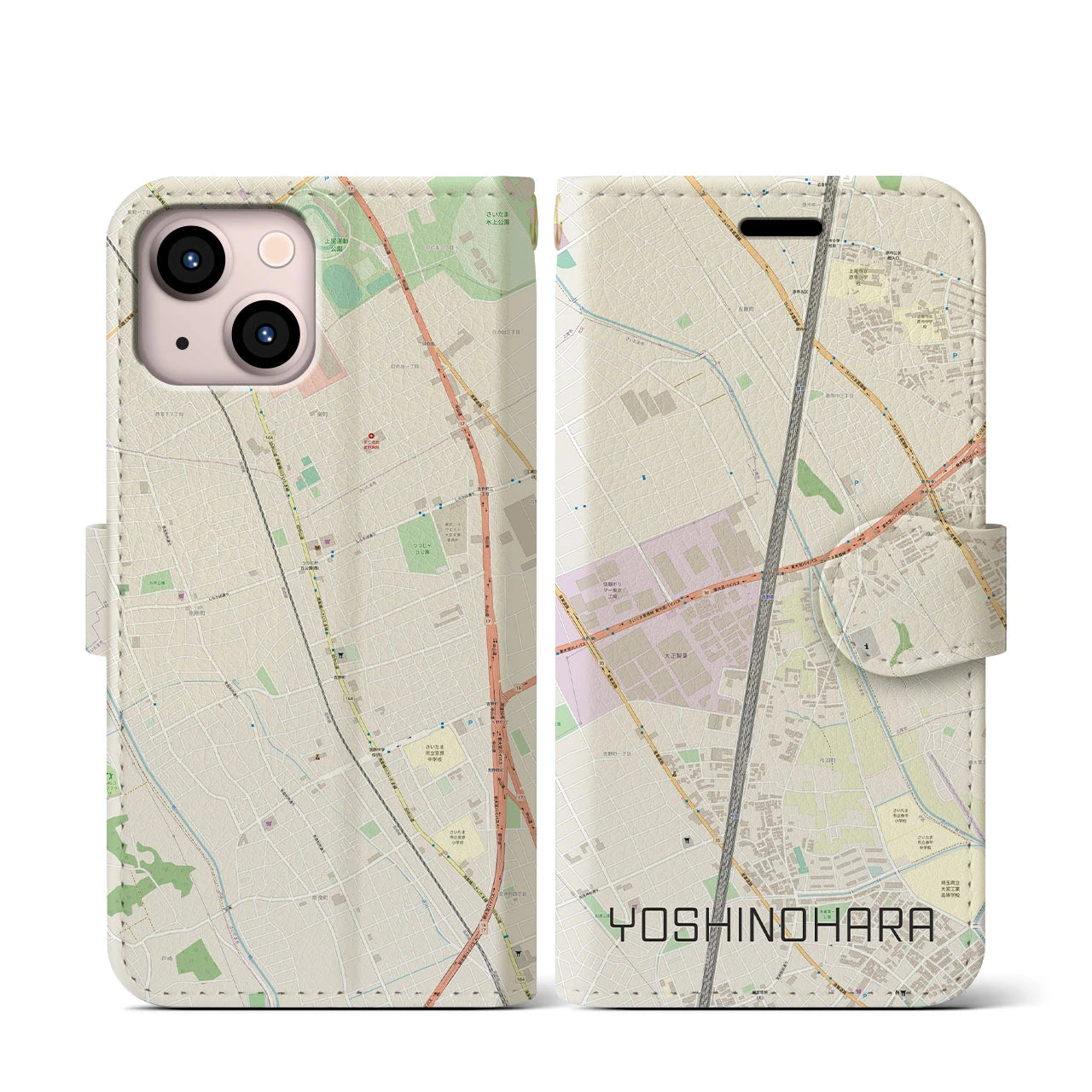 【吉野原】地図柄iPhoneケース（手帳両面タイプ・ナチュラル）iPhone 13 mini 用