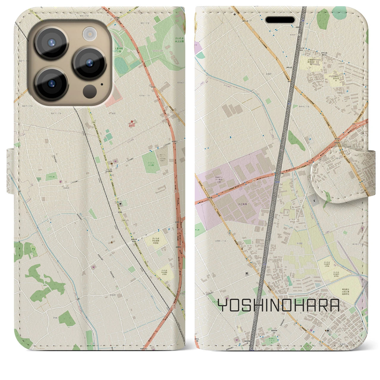 【吉野原】地図柄iPhoneケース（手帳両面タイプ・ナチュラル）iPhone 14 Pro Max 用