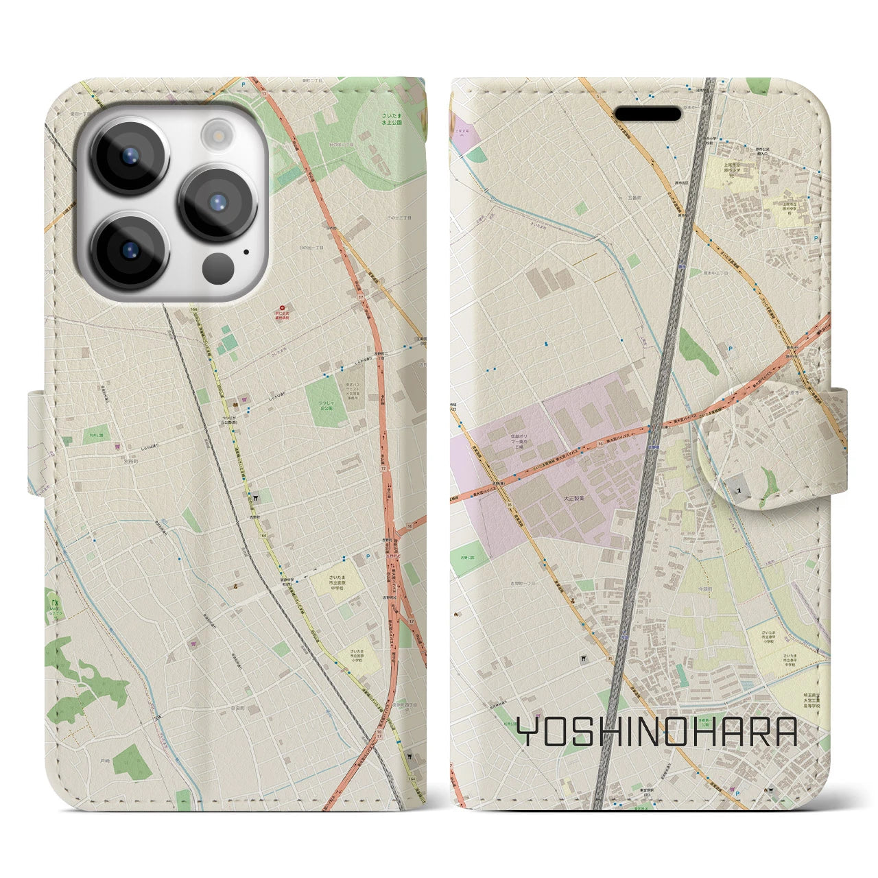 【吉野原】地図柄iPhoneケース（手帳両面タイプ・ナチュラル）iPhone 14 Pro 用