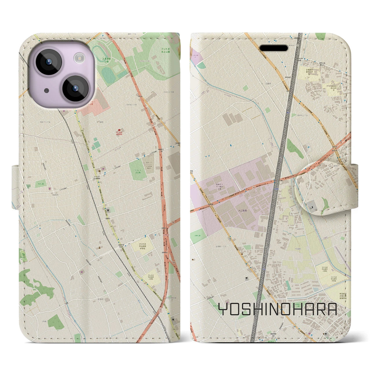【吉野原】地図柄iPhoneケース（手帳両面タイプ・ナチュラル）iPhone 14 用